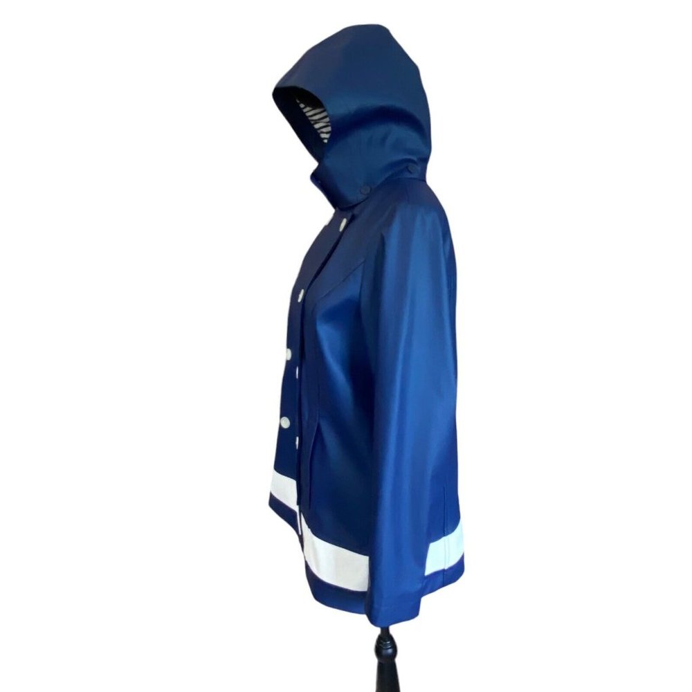 Talbots Womens Size M Rain Jacket Detachable Hood  Navy Lined White Stripe - Picture 4 of 12